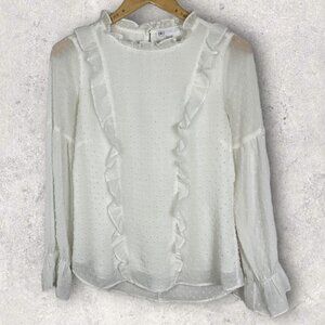 Nordstrom DR2 White Lace Swiss Dot Blouse Size Small Ruffle Front Long Sleeve‎ S